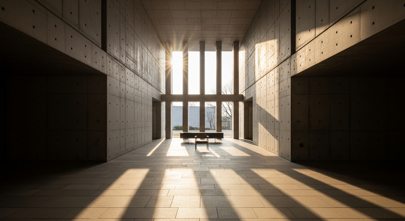 Marsa Atelier — Architectural interior with soaring concrete volumes and dramatic natural light, Riyadh