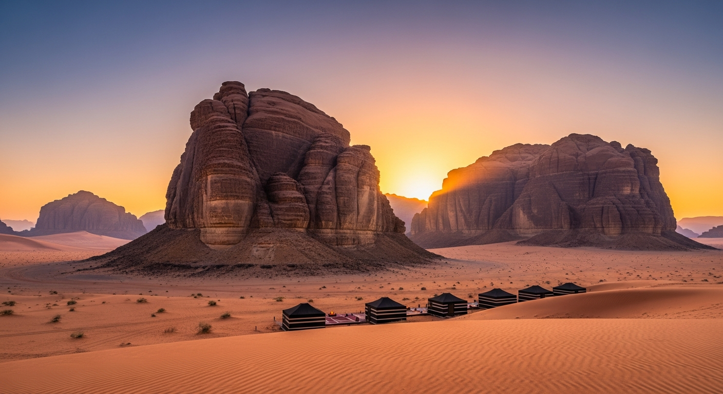 AlUla desert at golden hour — ancient sandstone formations and luxury desert camp