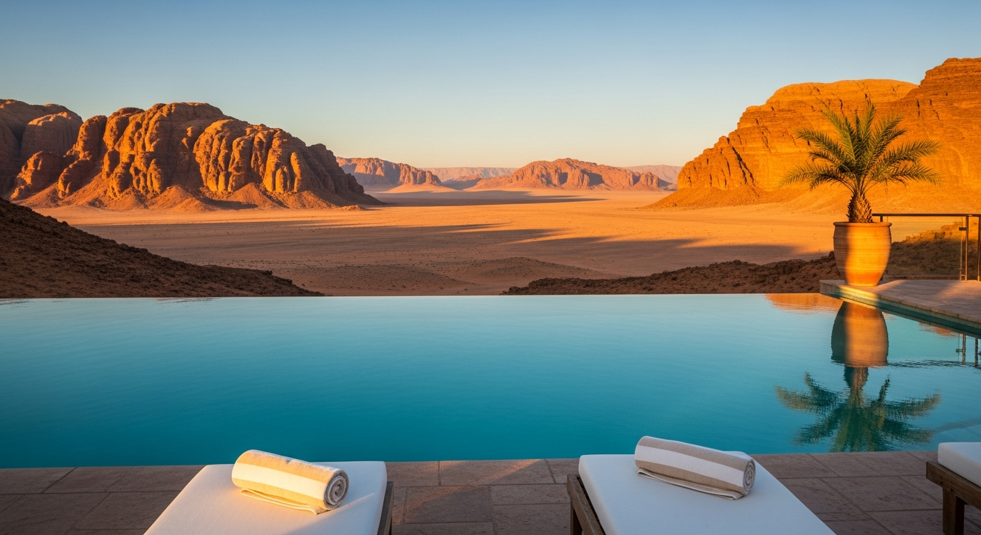 Infinity pool overlooking desert canyon